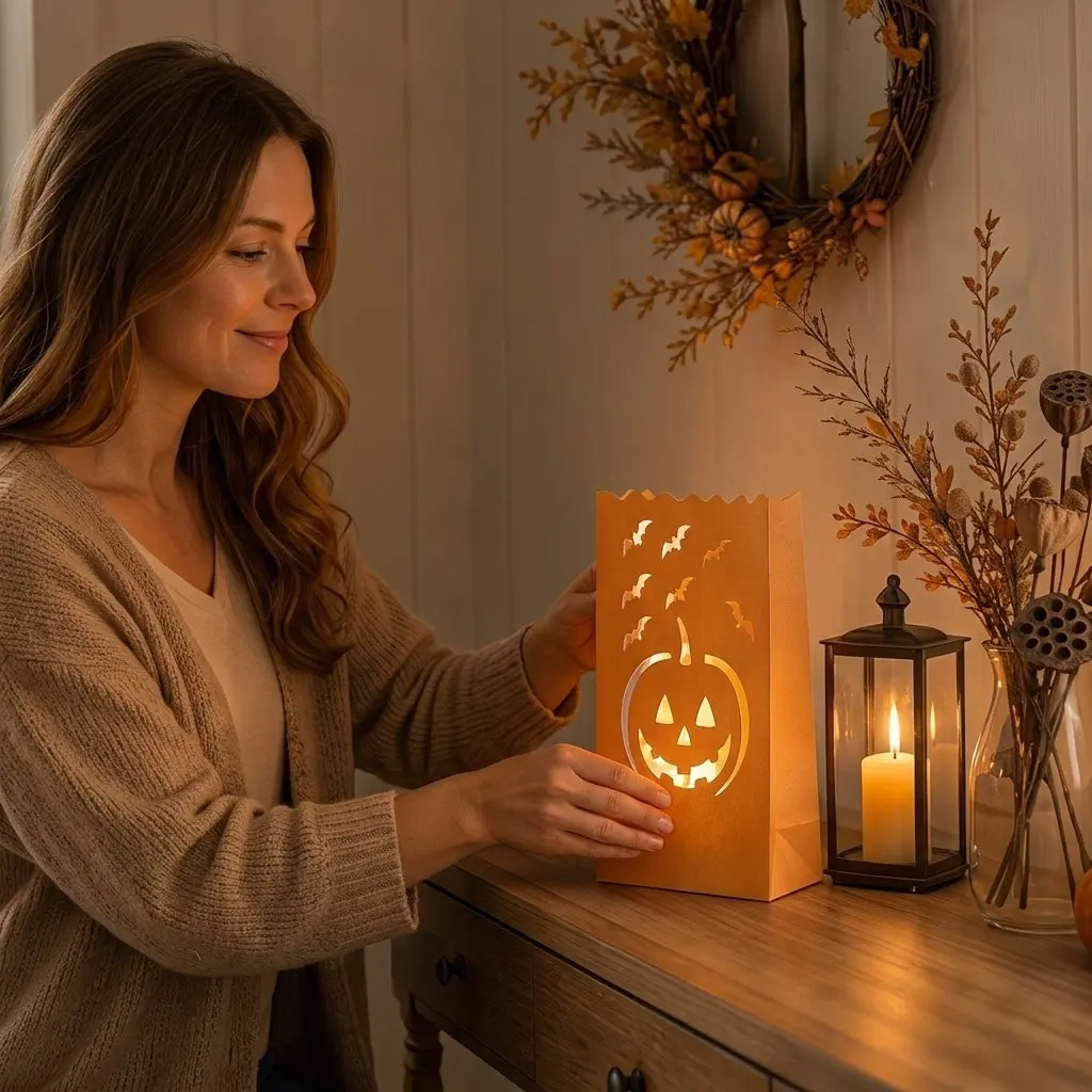 10Pcs Flame Retardant Halloween Paper Lantern Bags Pumpkin Shaped Covers for Tealight Decoration Halloween Party Ambiance