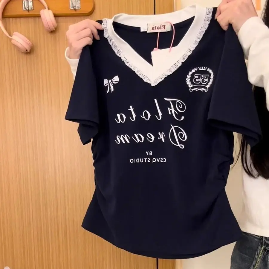 Summer Women's New Arrival Girl Style Waist-cinching Slimming Lace Spliced Letter V-neck Short Sleeve T-shirt