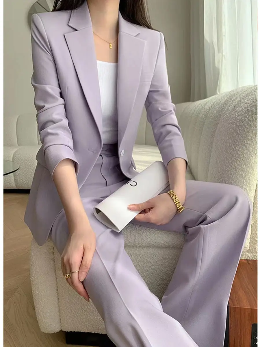 Purple Women's 2 Piece Suit One Button Fashion Blazer Business Casual Daily Outfits Elegant Pantsuit Set Customize