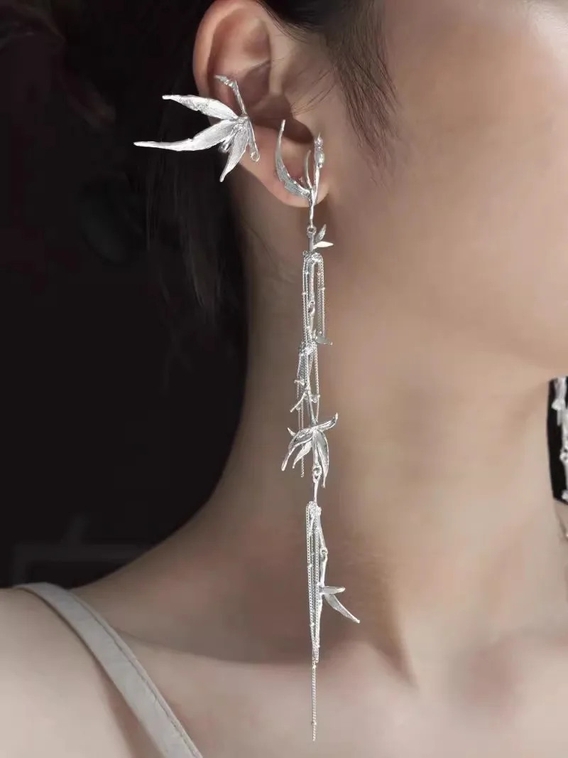 Chinese Bamboo Leaf Tassel Earrings for Men and Women Elf Ear Clip Silver