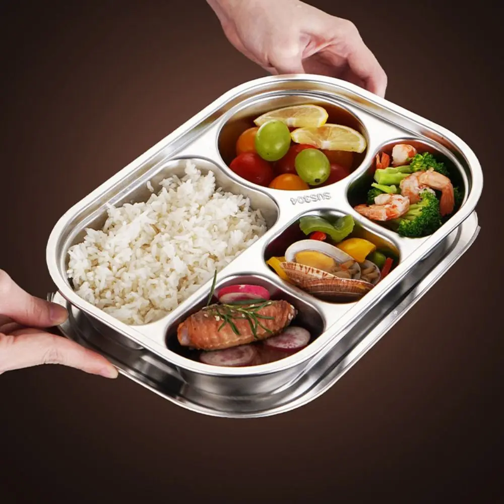 

4/5-Compartments Divided Dinner Tray 304 Stainless Steel with Lid Divided Dinner Plate Deepened School Food Plate Kindergarten