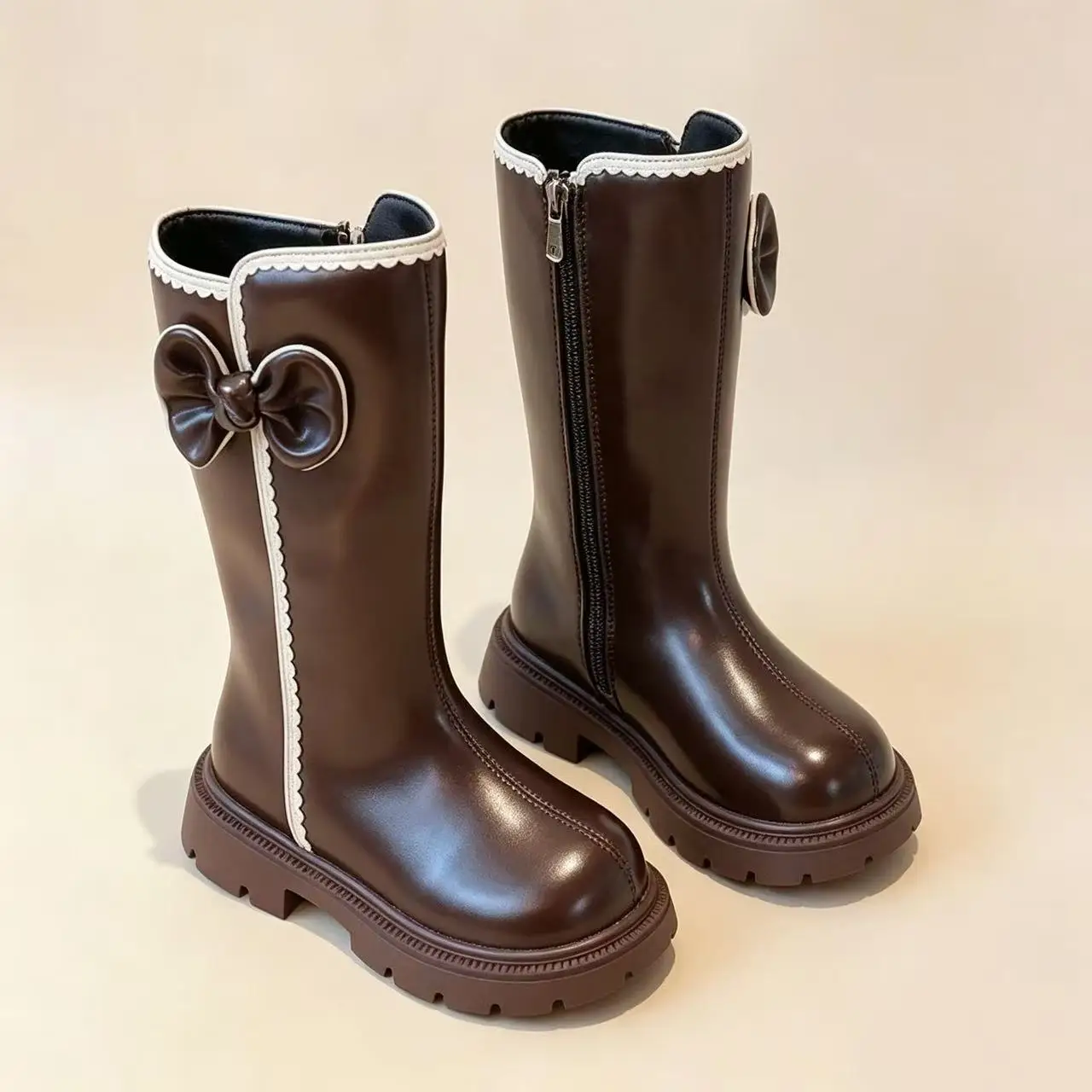 Girls Fleece Lined Boots 2026 New Winter Kids Long Tube Boots Princess Thigh High Boots Girls Warm Brown Boots For 3-12 Years