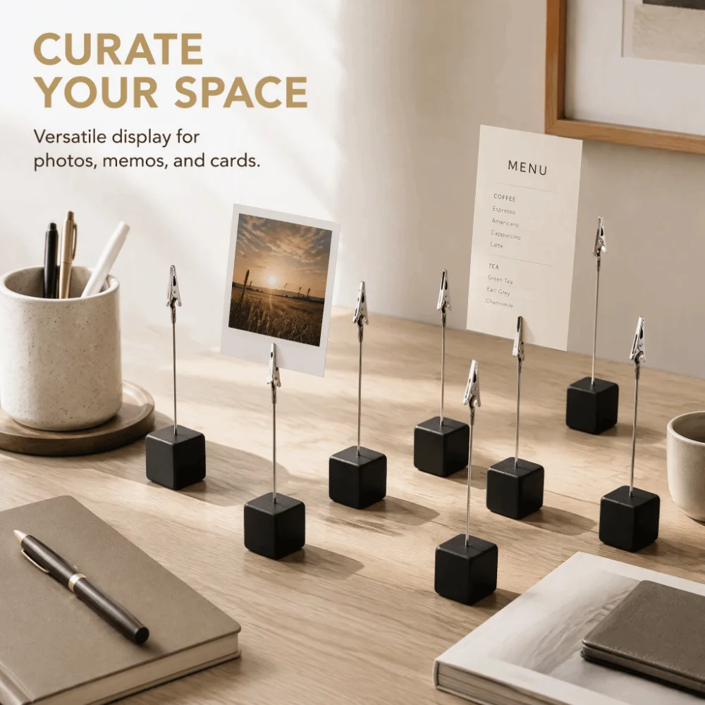 12PCS Black Card Holder Cube Cube Base Design 0.98x4.13in Table Number Stand Stable Base Photo Clip Holder Cube Home Decoration