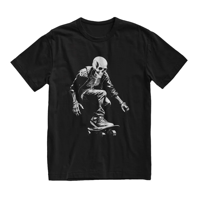 Skeleton Skateboarder Tee Grunge Gothic Shirt Skater Crewneck Top Unisex Cotton Shirt Alternative Clothes Streetwear Shirt