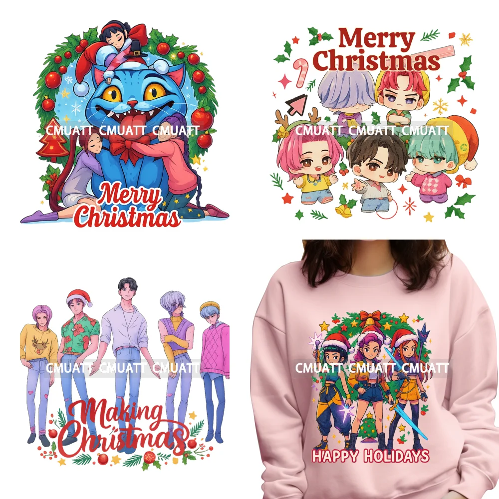 

Happy Christmas Holiday Kpop Anime Movie Wreath Cartoon Idol Iron on DTF Washable Transfers Stickers Ready to Press for Hoodies