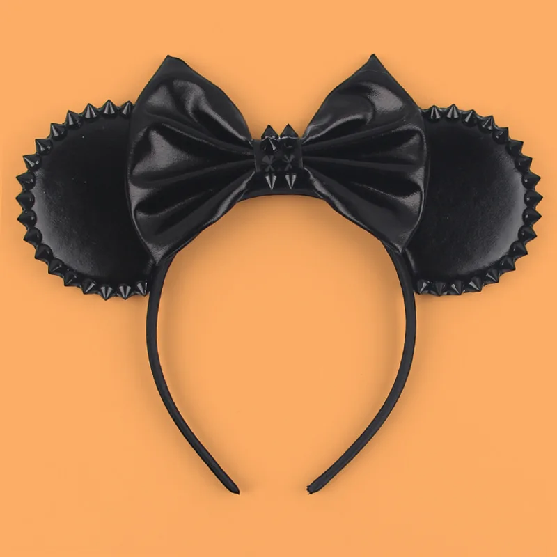 1pc Mickey Mouse Ear Hair Hoop Pu Leather Sequins Butterfly Knot Personalized Rivet Holiday Party Wear Halloween Headband