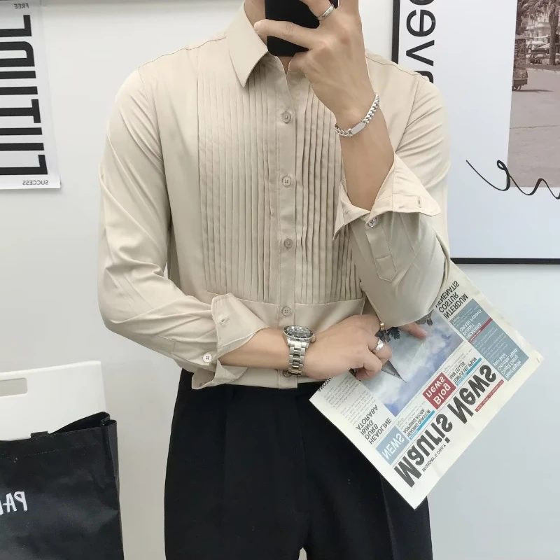 Shirts Men Solid Temperament Streetwear Spring Autumn Long Sleeve Folds American Style Male Prevalent Clothing Minimalist Daily