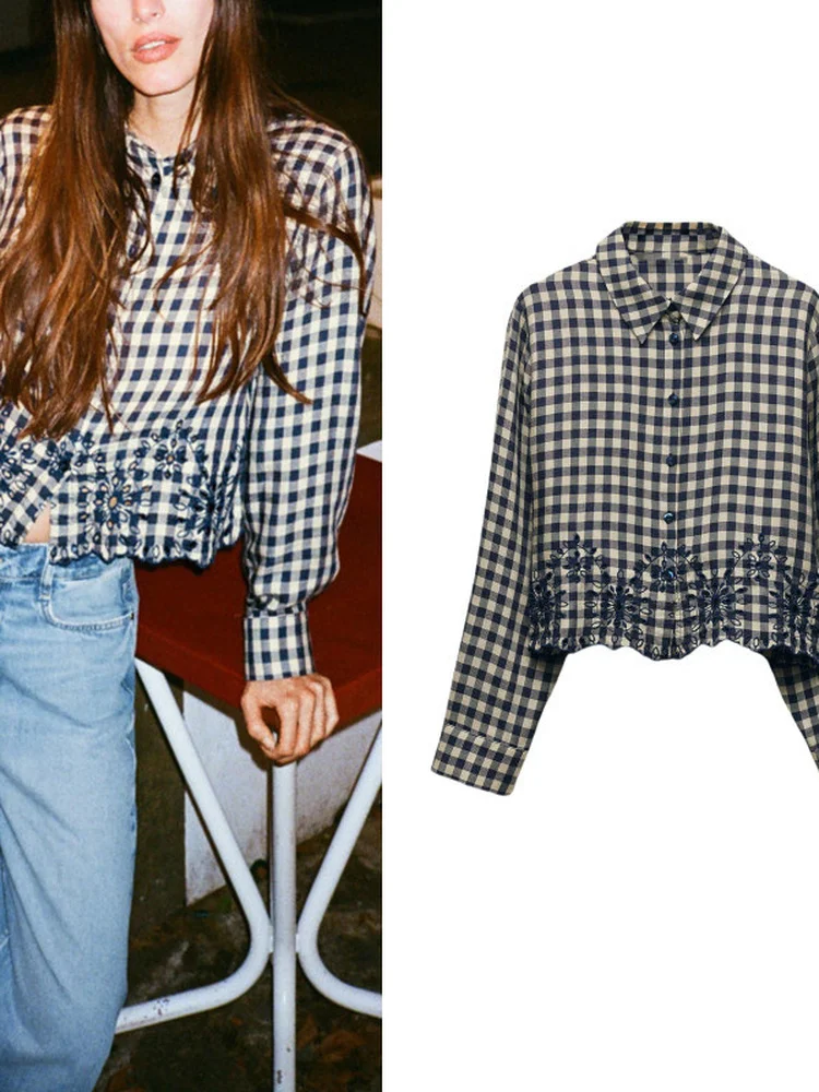 

Fashionable Embroidered Hollow out Long Sleeve Shirt Women's Short Cotton Shirt Summer New Arrival Loose Fit Button Closure