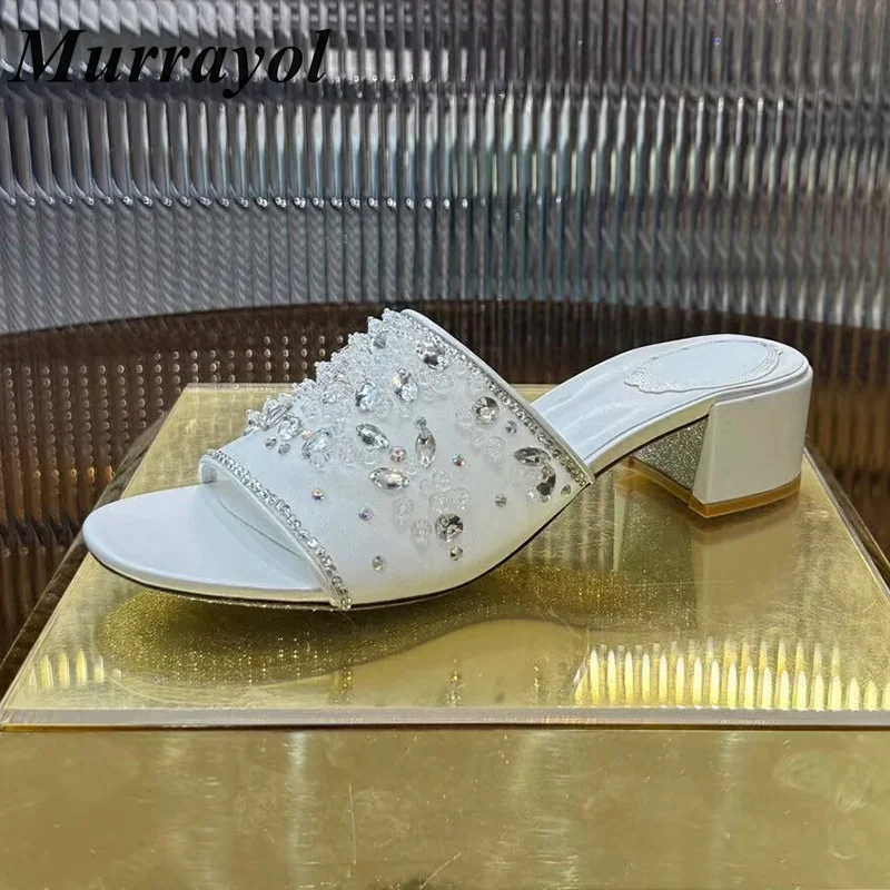 New Dress Shoes Women Open Toe One Strap Square Heels Slippers Summer Flower Rhinestone String Bead Decor Solid Color Sandals