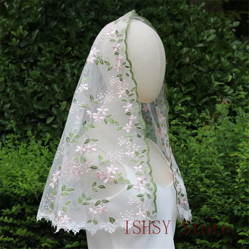 D Shape Pink Green Floral Mantilla Mass Church Veils Women Catholic Head Covering Embroidered Flowers Leaves Tulle Unique Trim