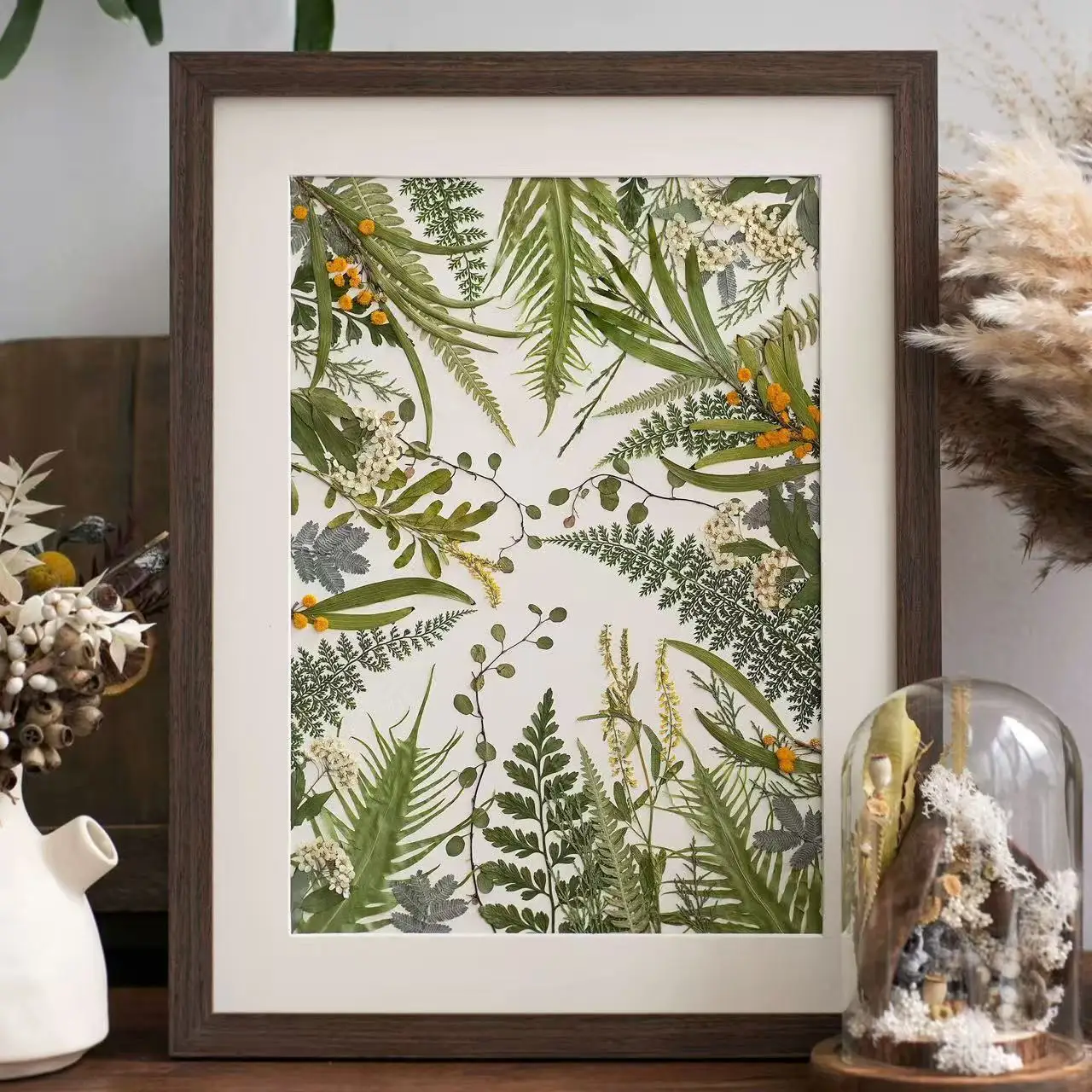 5Pcs Natural Green Large Fern Mixed Pressed Plant Specimens with Large Leaves for Kindergarten DIY Activities, Real Flower and Leaf Materials for Photo Frames, Resin Photo Frame Specimens