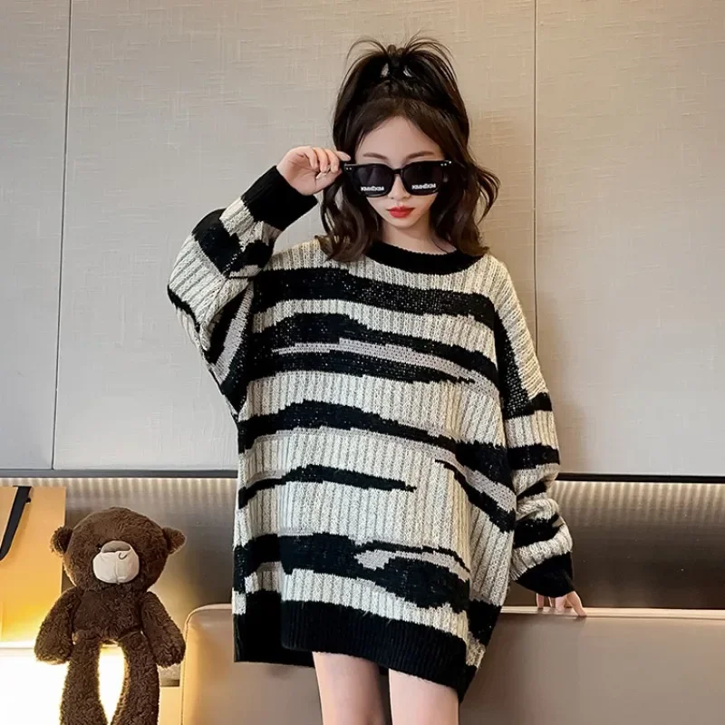 

Long Style Kids Zebra Stripes Sweaters for Girls Casual Loose Sweaters Dress Children's Winter Sweater Pullover for 12 Years Old