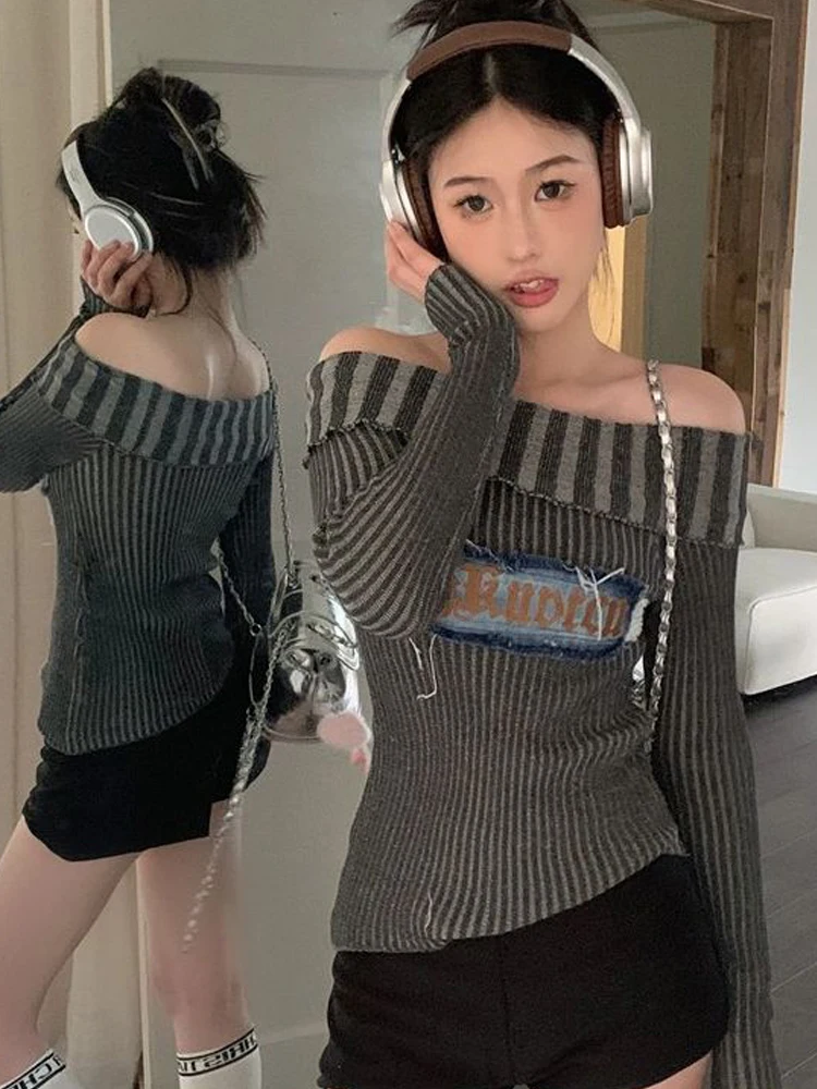 

Off Shoulder Sweater Women Y2K Vintage Knitted Pullover Ladies Sexy Fashion Slash Neck Jumpers Female Harajuku Punk Knitwear Top