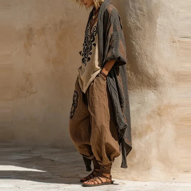 

Sexy V-neck Top & Long Pant & Cardigan Set Women Casual Long Sleeve 3 Piece Suits Vintage Geometric Pattern Print Street Outfits