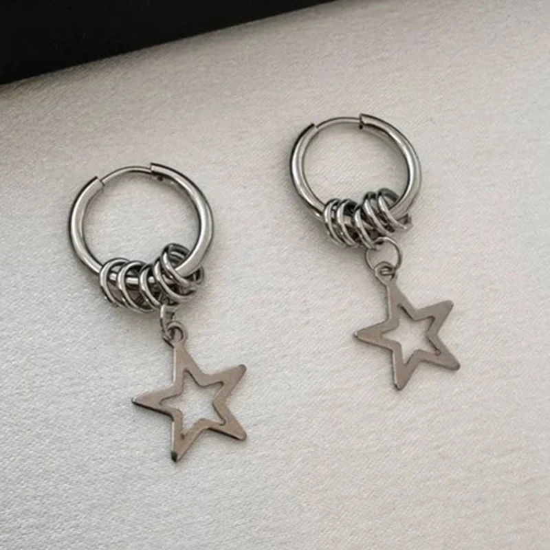 Y2K Cool Style Silver Hollow Star Pendant Hoop Earrings Punk Coil Detail Dangle Earrings for Women E-girl Streetwear