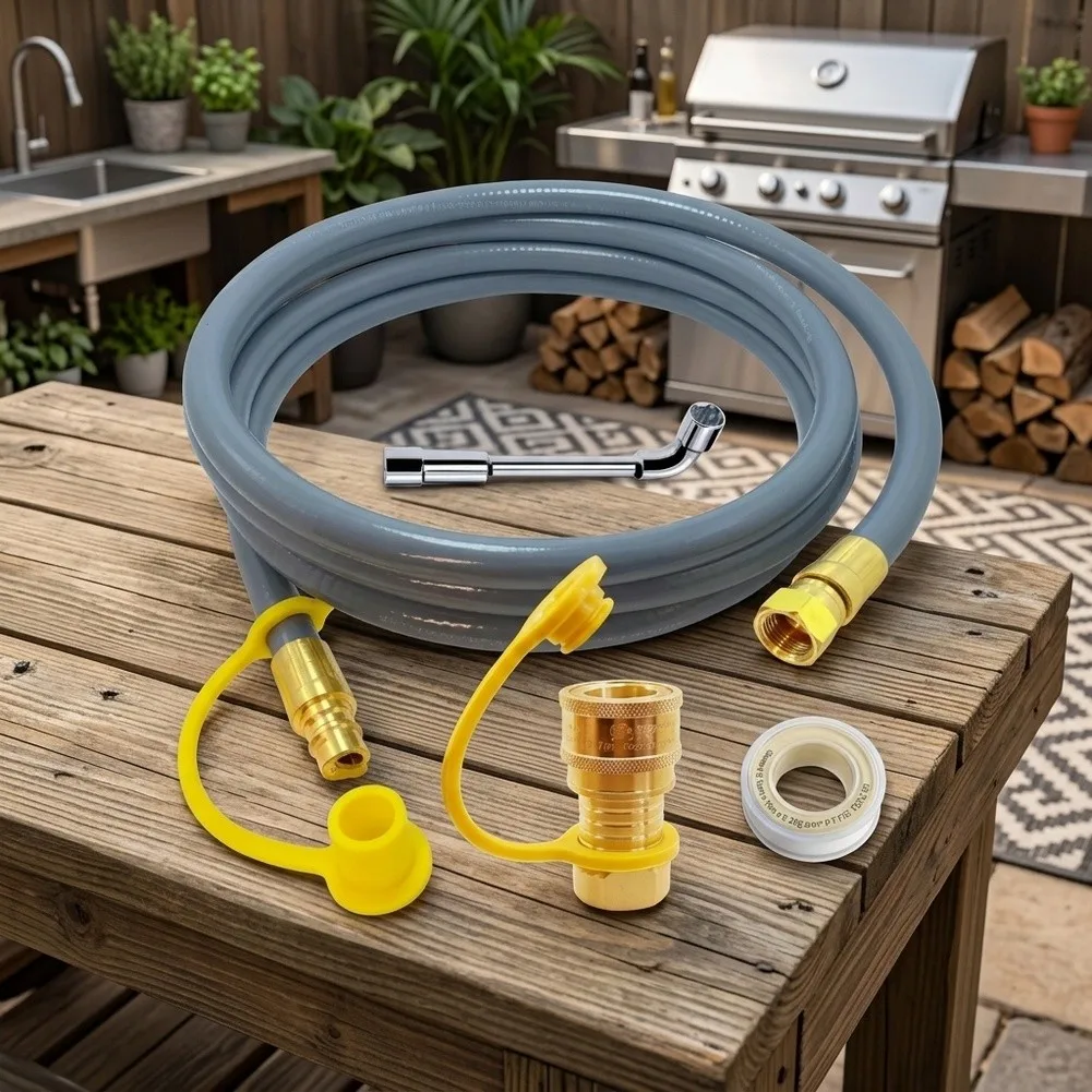 10FT Propane Hose 3/8 Inch with Quick Connect Fitting Wrench and Pipe Thread Tape for Grill Heater and RV Setup