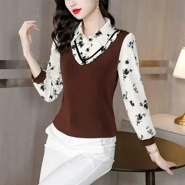 Chiffon Shirt Fake Two Pieces Bottoming Shirt Women's New Turn Down Collar Printed Long Sleeved T-shirt Top M-4XL