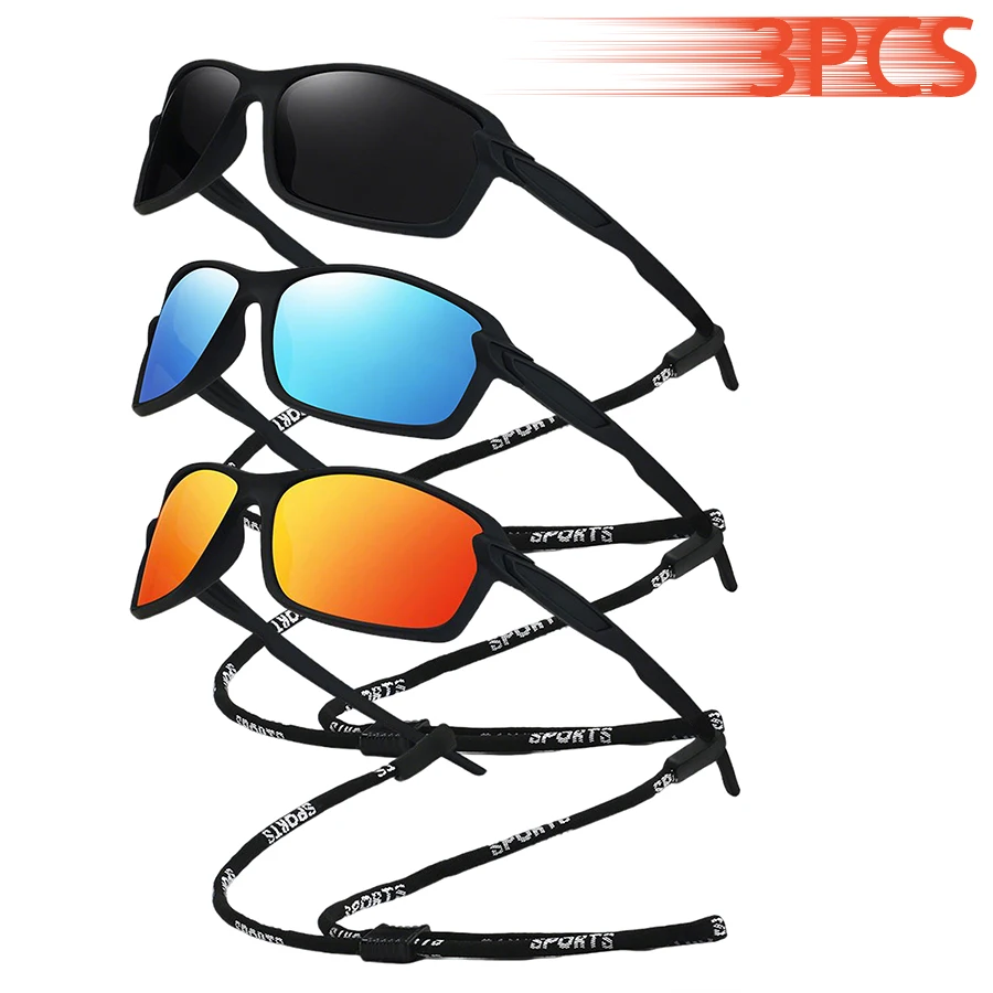 3PCS Modische Herren- und Damen-Sonnenbrille mit Kette zum Laufen, Bergsteigen, Angeln, MTB-Brille, Outdoor-Sport-Schutzbrille