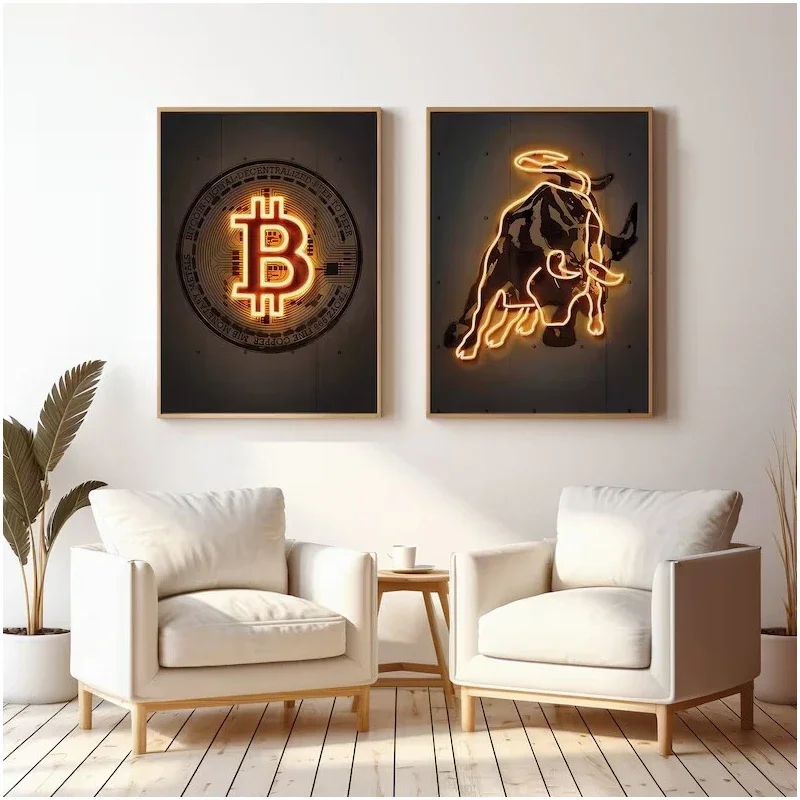 1pc frameless Canvas Painting Neon Bitcoin Bull Crypto Gold Canvas Painting Cattle Poster and Print Wall Art Picture Home Decora
