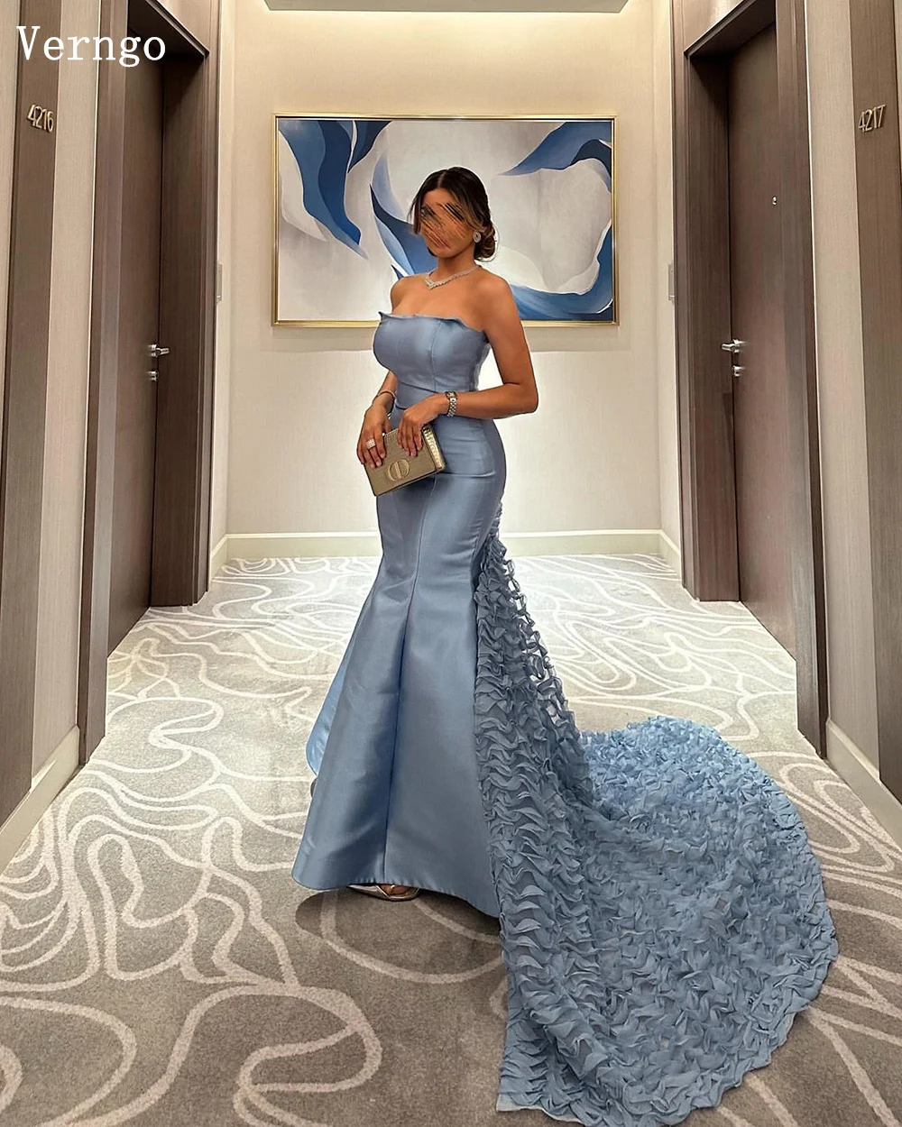 Verngo Gray Blue Satin Prom Gowns Strapless Mermaid Prom Party Dress Pleat Crape Women Elegant Saudi Arabic Evening Dresses