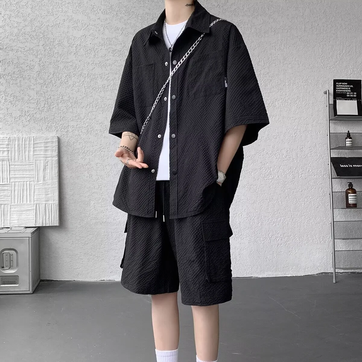 

Men's summer ice silk short sleeved shirt+shorts set, loose and casual, solid color, versatile two-piece set, Korean version, tr