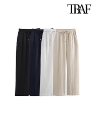 TRAF-Women's Straight Pants with Front Pockets, High Elastic Waist, Drawstrings, Female Trousers, Chic Fashion