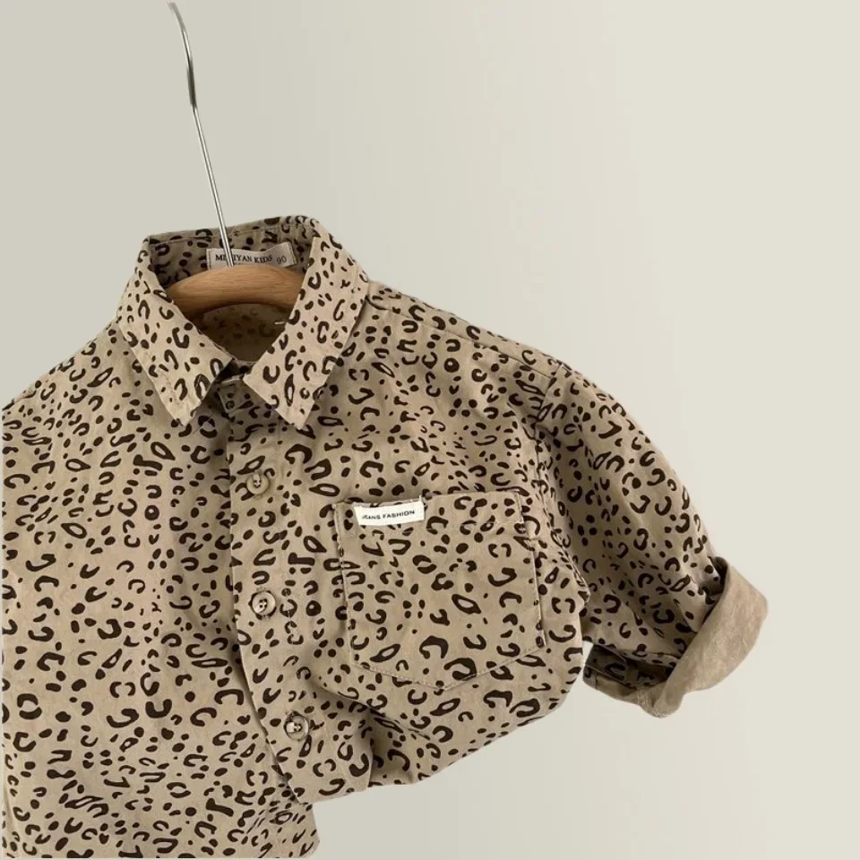 

Leopard Kids Shirts 2023 Spring Autumn New Fashion Boys and Girls Korean Turn-down Collar Unisex Children Coat