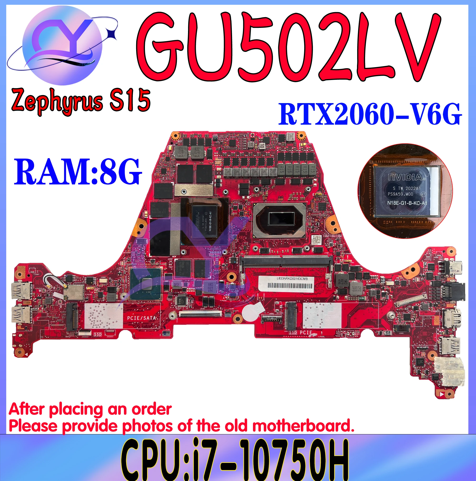 Carte Mère GX502LXS Pour ASUS Zephywarmer S15 GU502L GU502LV GU502LW GU502LU Carte Mère i7-10th 8G-RAM GTX1660Ti RTX2060/2070/2080