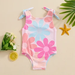 3M-24M Cute Baby Girl Swimsuit With Floral Print  Sleeveless  Knotted Shoulder Strap  U-Neck Floral Print Swimsuit