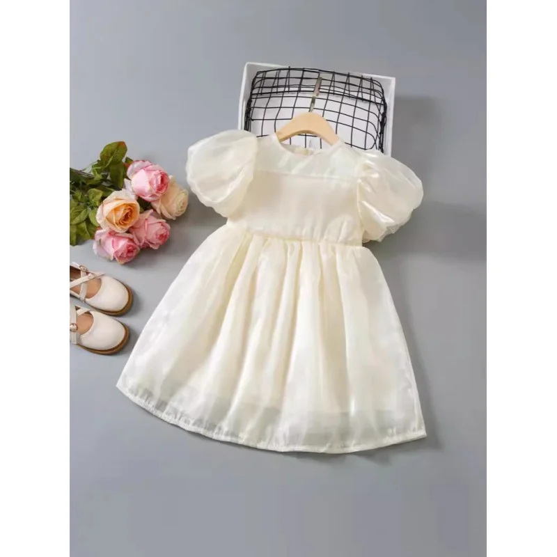 

Girls' Dress Summer New Children's French Puff Sleeve Princess Dress Western Style Girls' Solid Color Pettiskirt
