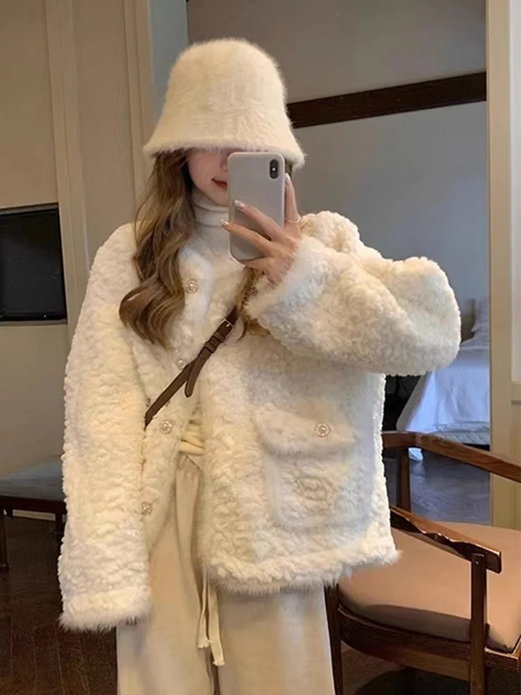White Lamb Fur Jacket Women's Small Size Autumn Winter Thickened Cotton Coat Short Outerwear round Neck Button Closure Loose Fit