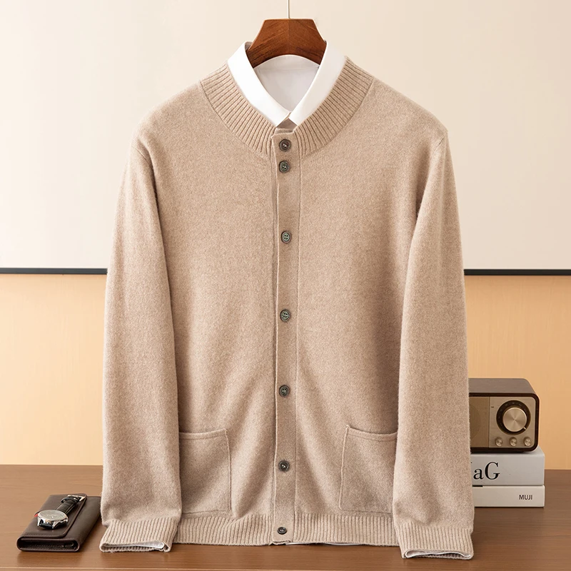 Fall/Winter Half-high Neck 100% Pure Wool Men's Button Jacket Cardigan Leisure Business Solid Color Knitted Bottom Shirt