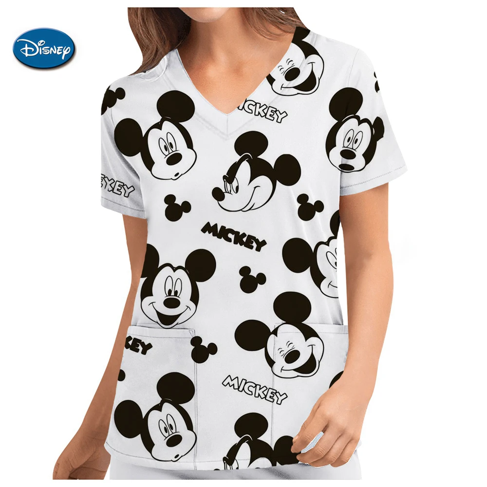 Miniso Disney Mickey Stitch Print ​medical Uniforms Women Nurse Accessories Clinical Uniform Dentist Work Blouse Vet Spa Scrub﻿