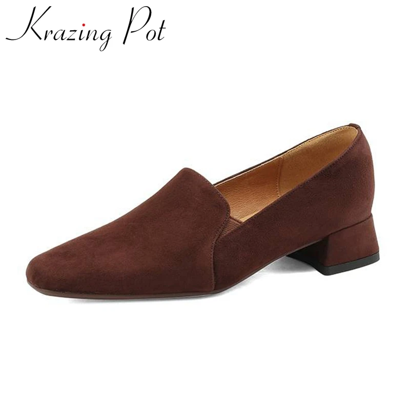 

Krazing Pot 2023 Sheep Suede Square Toe Med Heels Loafers Shoes Solid Concise Style Leisure Slip on Retro Fashion Women Pumps