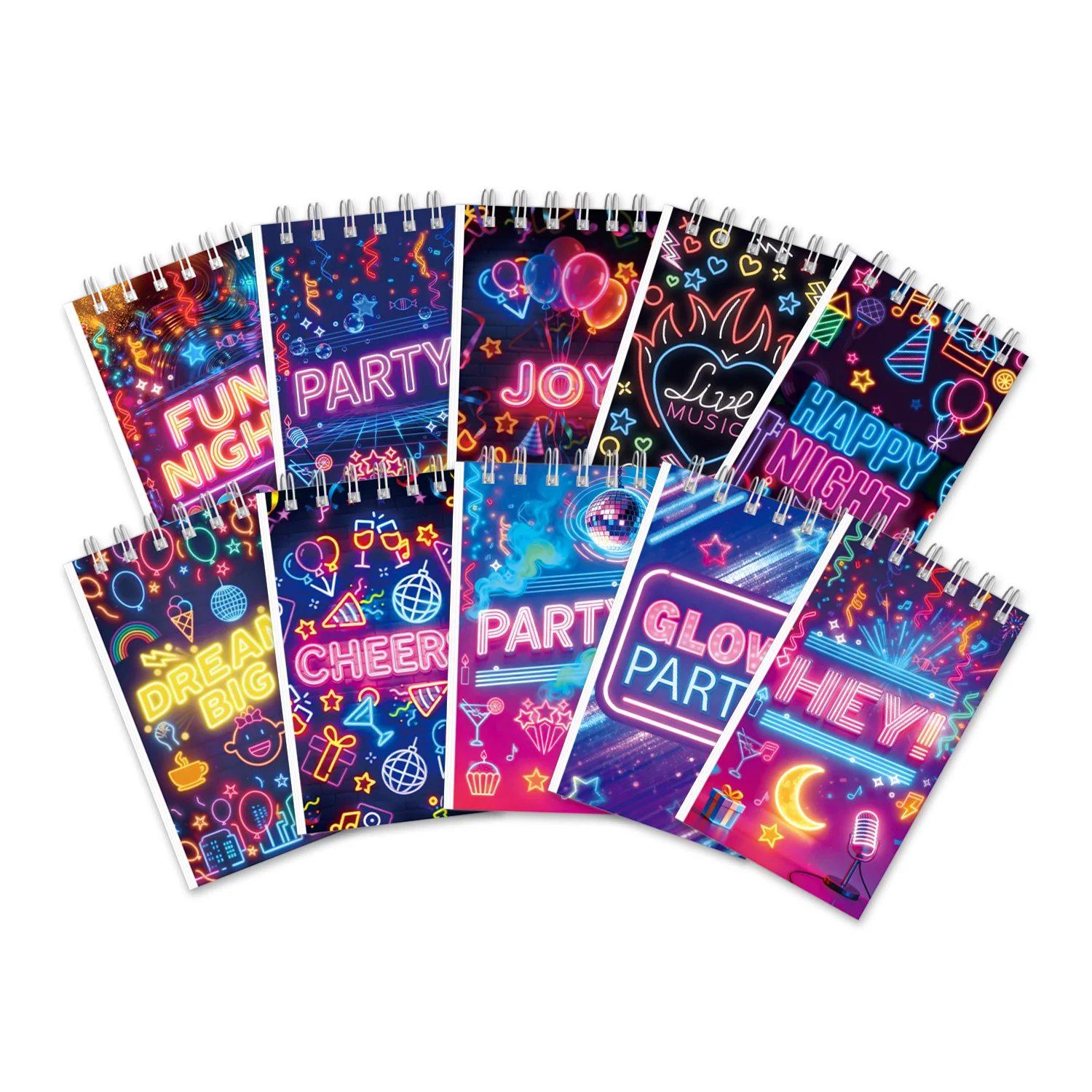 Neon Glow Party Mini Spiral Notebook 24 Pages Night Music Cocktail Print Portable Pocket Notepad Birthday Party Favor Stationery