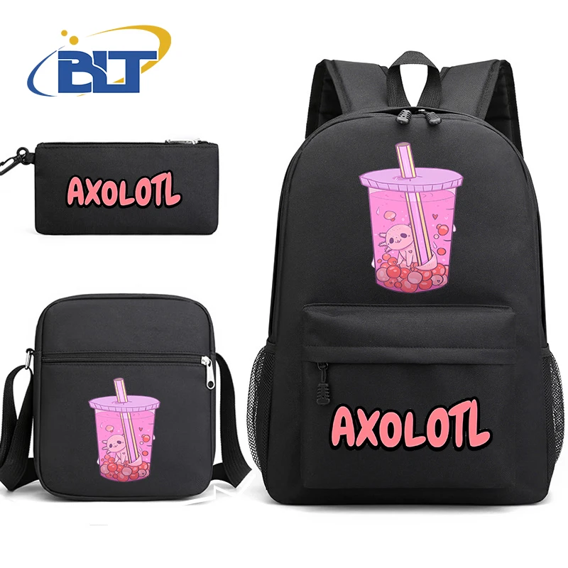 Axolotl-Conjunto de mochila con estampado de dibujos animados para estudiantes, mochila negra, bolso de hombro, estuche para lápices, Juego de 3