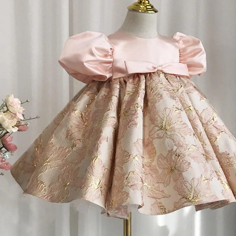 Baby Girls Birthday Baptism Dress Children Cute Pink Bow Design Puff Sleeve Party Wedding Princess Ball Gown y1015