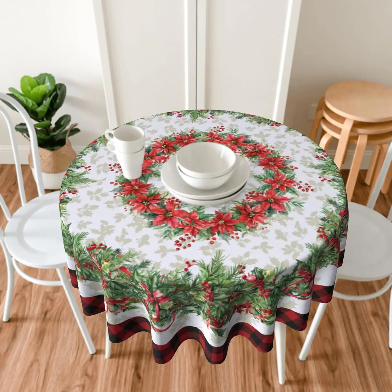 Mantel redondo navideño de 60 pulgadas, rojo, verde, Navidad, Floral, flor de Pascua, acebo, pino, estampado, mantel decorativo a cuadros