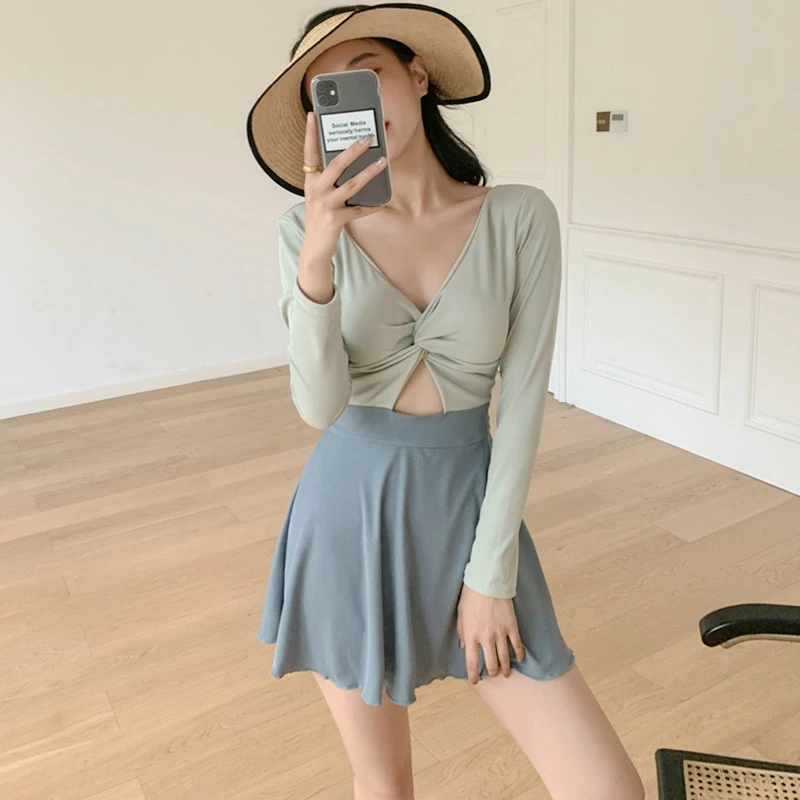 

Новый женский купальник-платье с длинными рукавами, термокомфортный, для спа, корректирующий, скрывающий живот, комплект из двух предметов, для небольшой груди