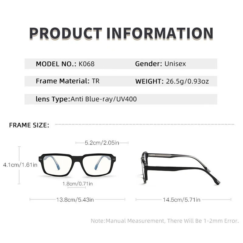 KOCOLIOR Brand Design Square Acetate Prescription Glasses Men Retro Anti Blue Light Reading Glasses Men's Optical Eyeglasses