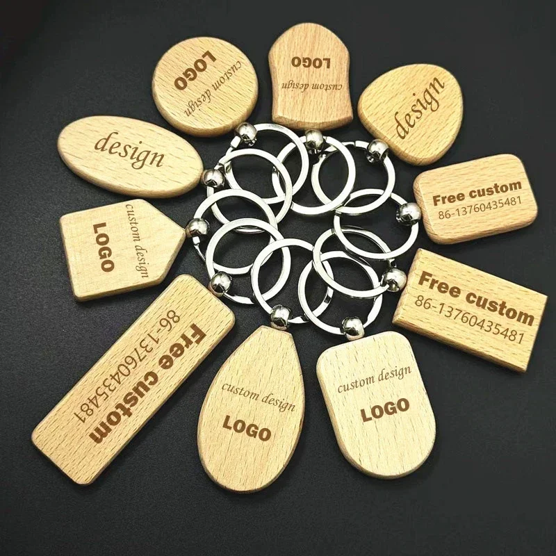 50PCS Free custom LOGO beechwood keychain wooden small gift keychain laser engraving