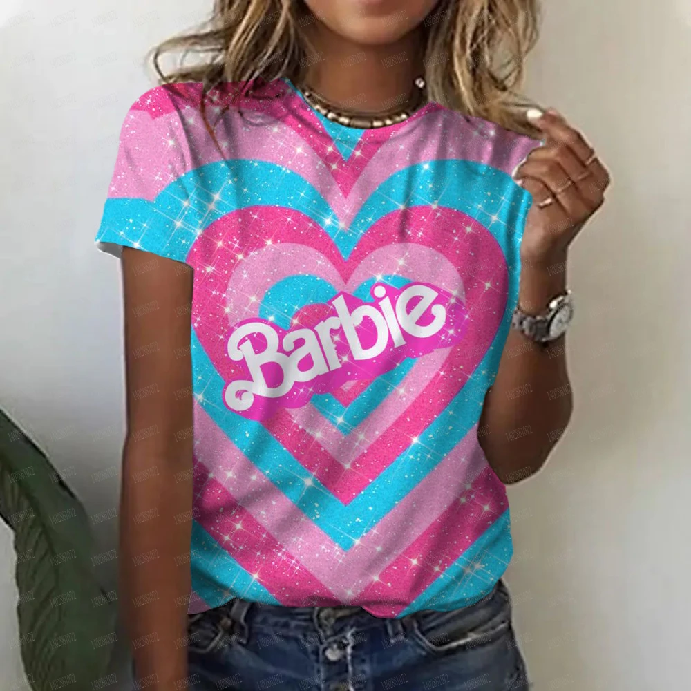 Barbie senhoras manga curta camiseta kawaii desenhos animados, tudo-jogo, gola redonda, anime meninas, camisetas respiráveis, tops presentes, moda,