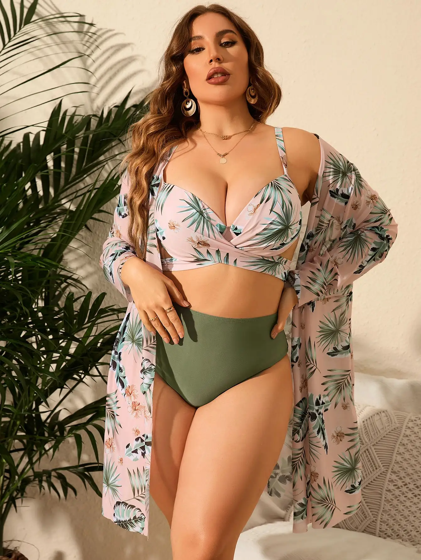 Plus size New 3 Piece Hard pack Beach Cover Up And Bikini Large Size Sets Sexy Swimwear Women Swimsuit High Waist Female Print B