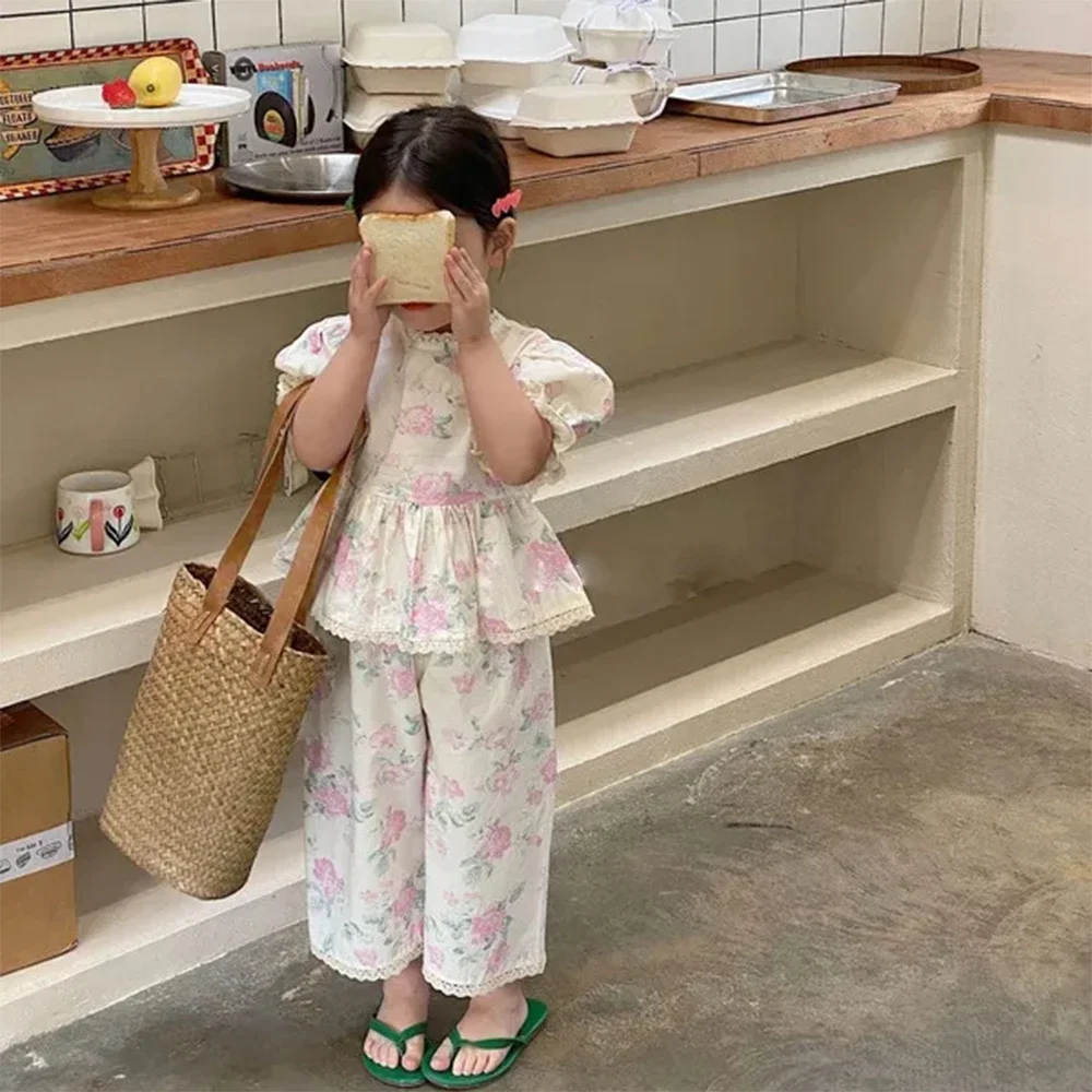 Girls Clothing sets Summer 2023 Korean Short Bubble Sleeve Shirt + Wide-legged Pants kids clothes toddler girl clothes