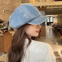 Personality Washed Cloth Denim Beret Head Circumference Korean Style Newsboy Cap British Style Denim Octagonal Hat Outdoor