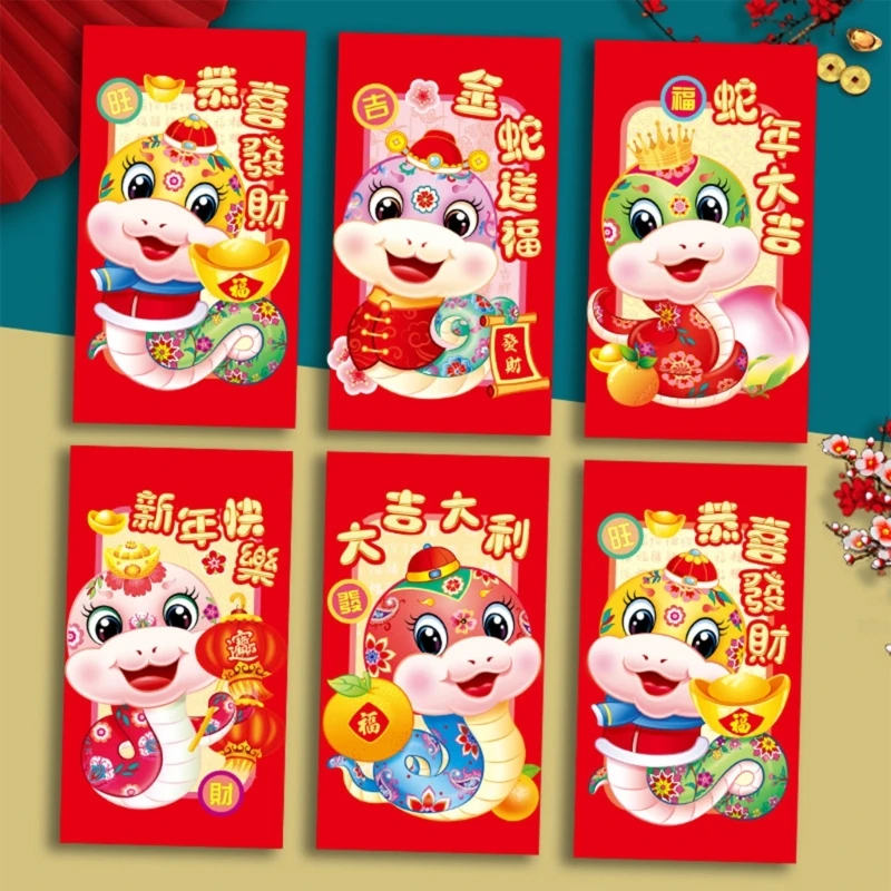 6 Count 2025 Snake Zodiacs Redness Envelopes for Chinese New Year Celebration Practical Spring Festival Money Packets 203C