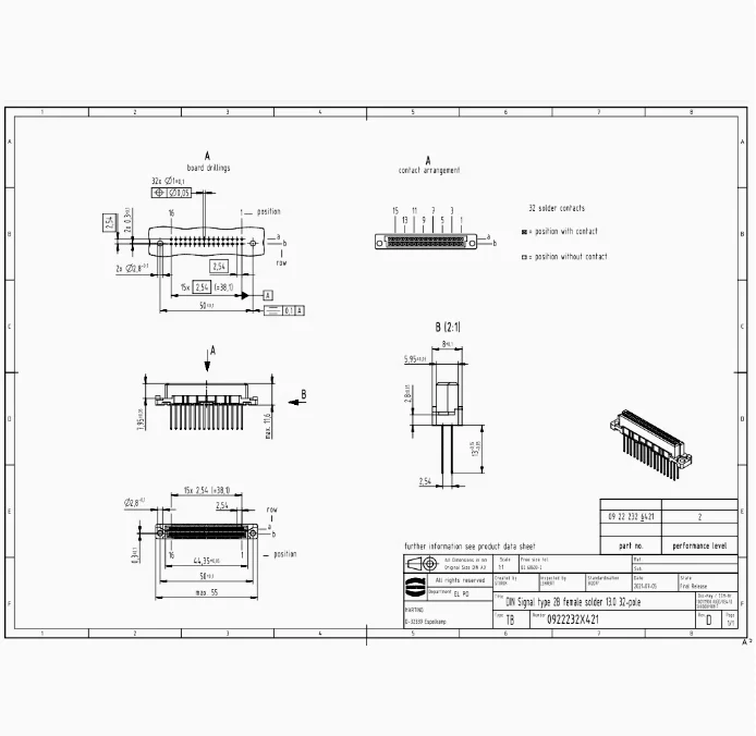 09222326421 HARTING 2a32-контактный гнездовой разъем, волновой способ пайки проводки, прямой