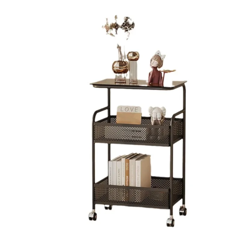 

Cream wind bedside table, bedroom removable living room Internet celebrity creative mini storage cart, glass sofa side cabinet