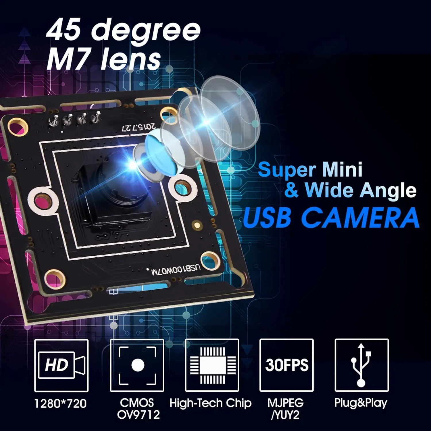ELP 720P Super Mini USB Webcam Board with 45degree M7 Lens OV9712 Embedded USB Camera Module for Industrial Equipment