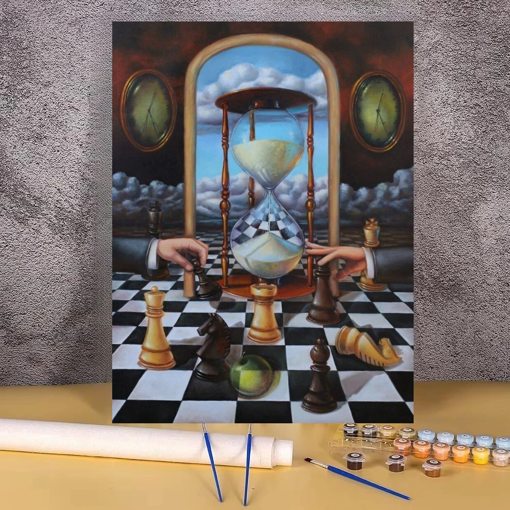 Surreal Chess Board Hourglass Clock Oil Painting By Numbers Modern Wall Decor for Living Room Bedroom Perfect Gift No Frame